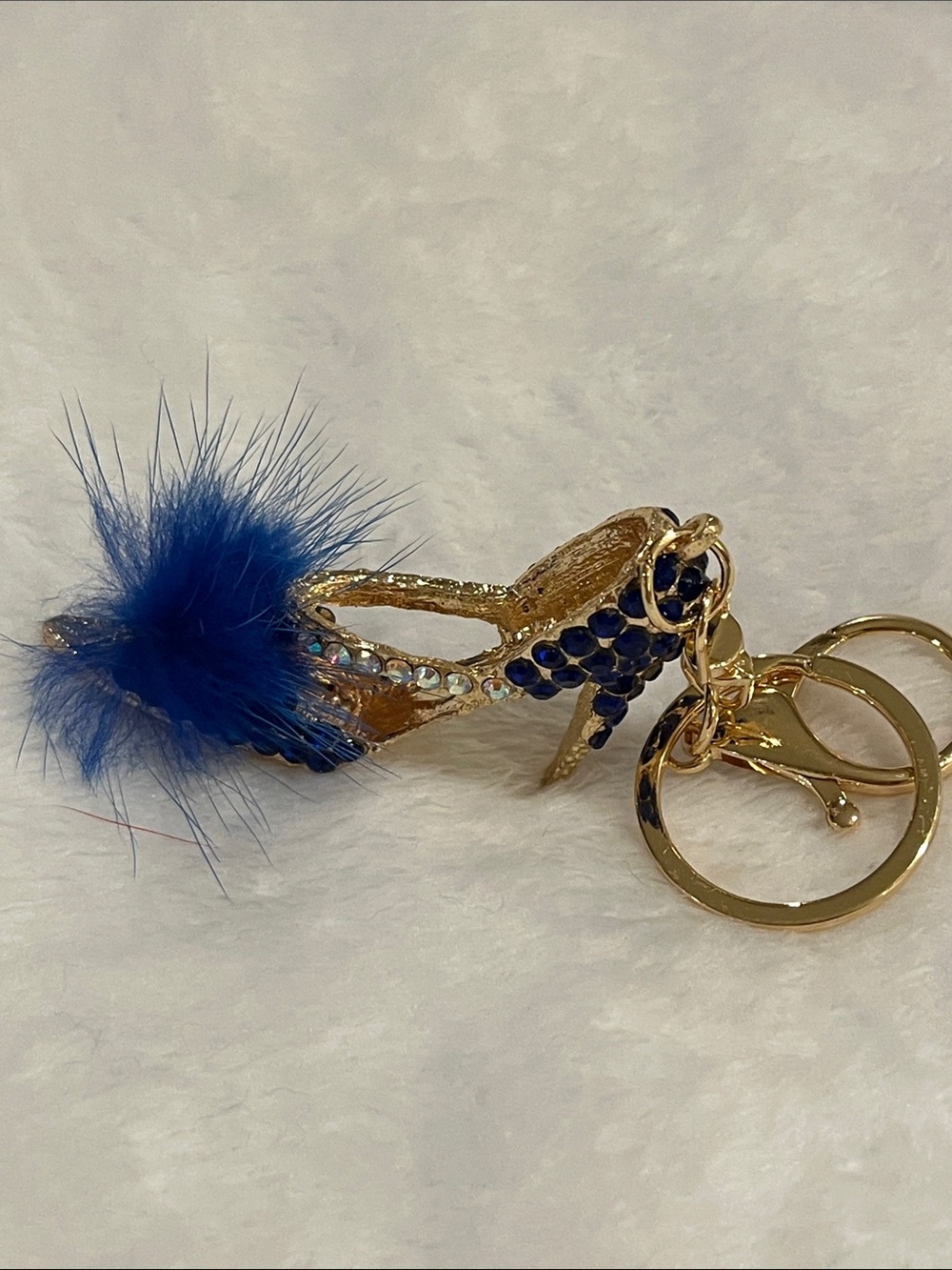 Gold High Heel Bag Charm/Keychain with Royal Blue Pom Pom and Rhinestones